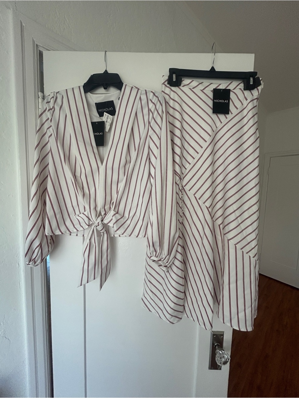 NICHOLAS White and Burgundy Striped Tie-Front Blouse & Skirt Set